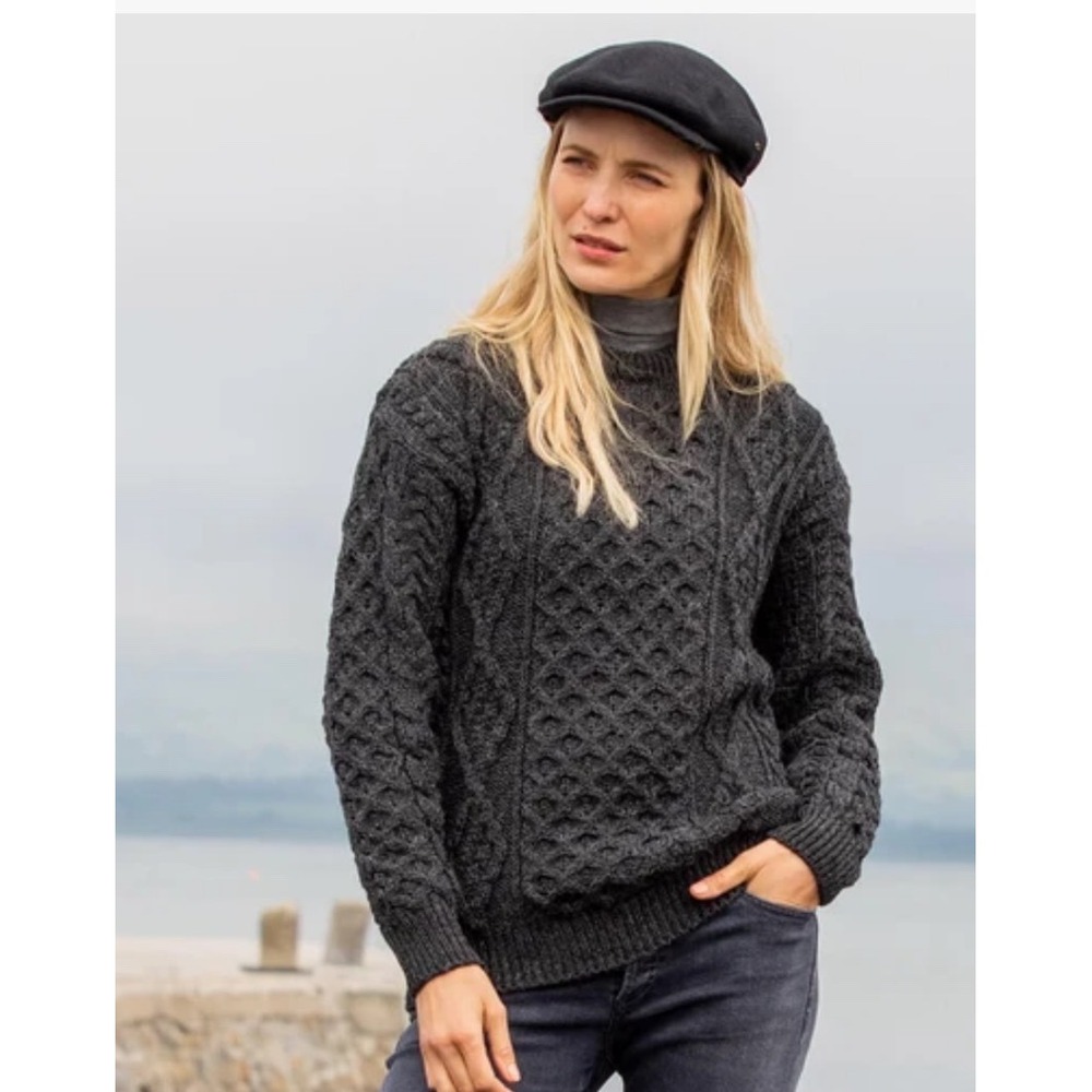 The Irish Store Aran Sweater Women's M Charcoal Grey Knitted 100% Merino Wool